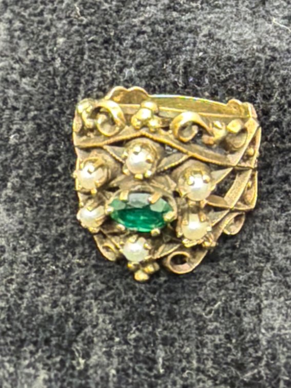 14K Yellow Gold Lab-Created Emerald and Seed Pearl Ring