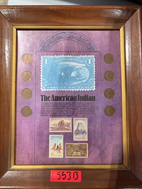 Framed Indian Head Cent Coin Set With American Indian Stamp Display
