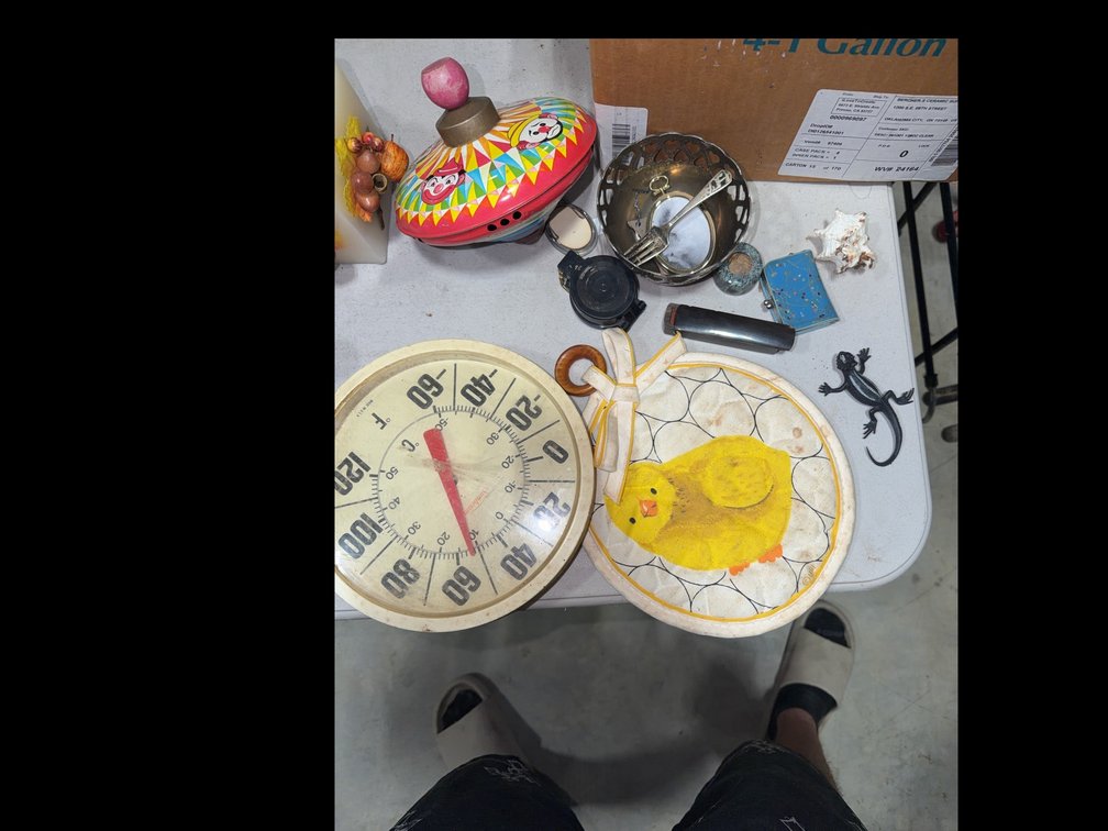 Lot: Sunbeam Wall Thermometer, Metal Basket, Vintage Tin, Top, Textiles, and More