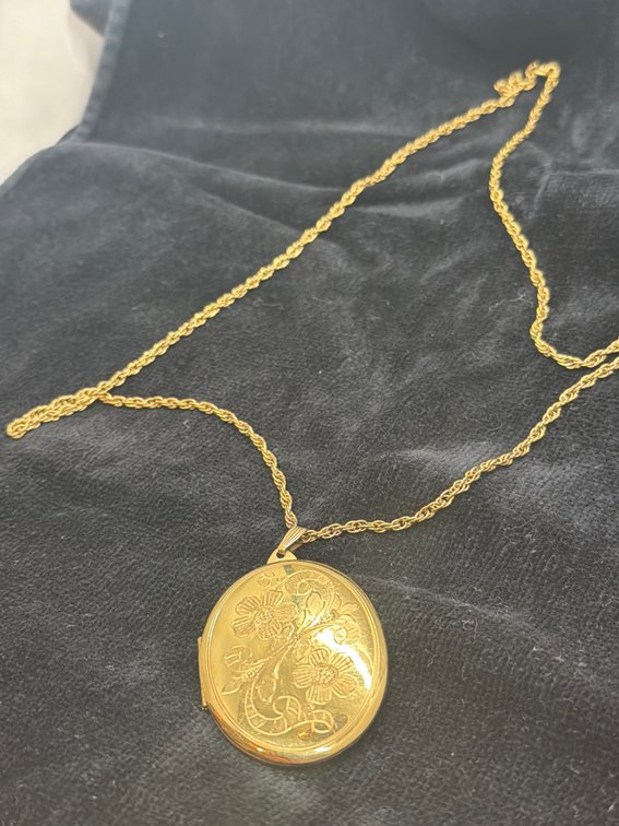 14K Gold Filled Floral Engraved Oval Locket Necklace