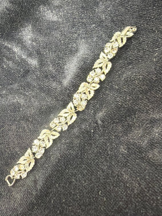 Silver-Tone Rhinestone Leaf Motif Link Bracelet