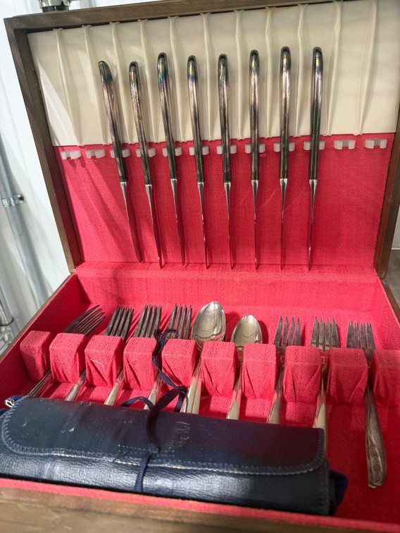 Flatware Set in Wooden Chest with Roll Pouch