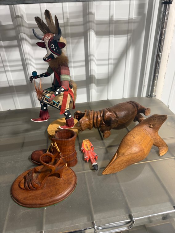 Carved Wood Figurines, Miniature Footwear, and Kachina Doll