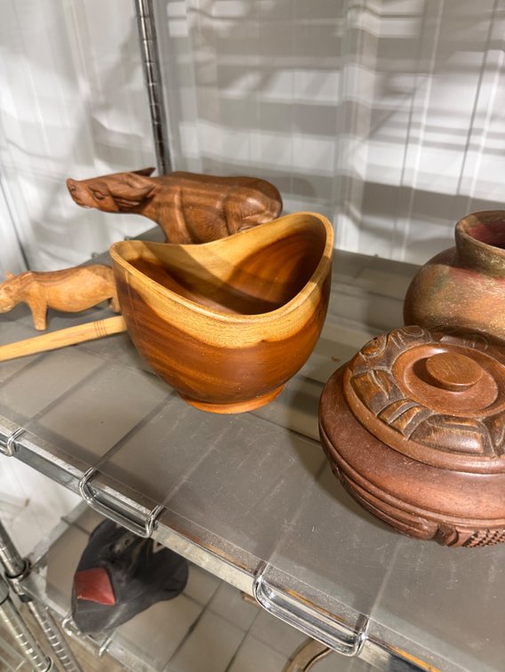 Carved Wood Bowl, Lidded Vessel, Animal Figures, and More