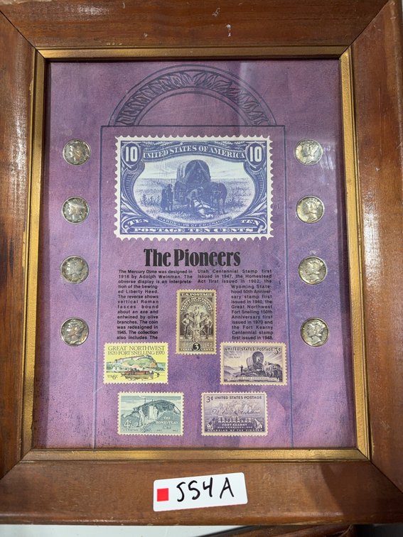 Framed 'The Pioneers' Display With 8 Mercury Dimes and 5 U.S. Postage Stamps