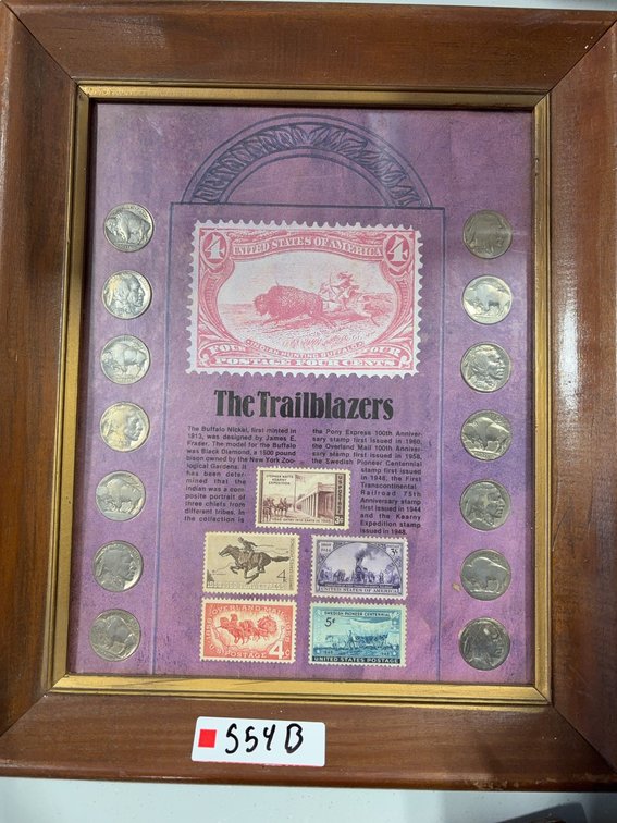 Framed Buffalo Nickels and Trailblazers Stamp Collection Display