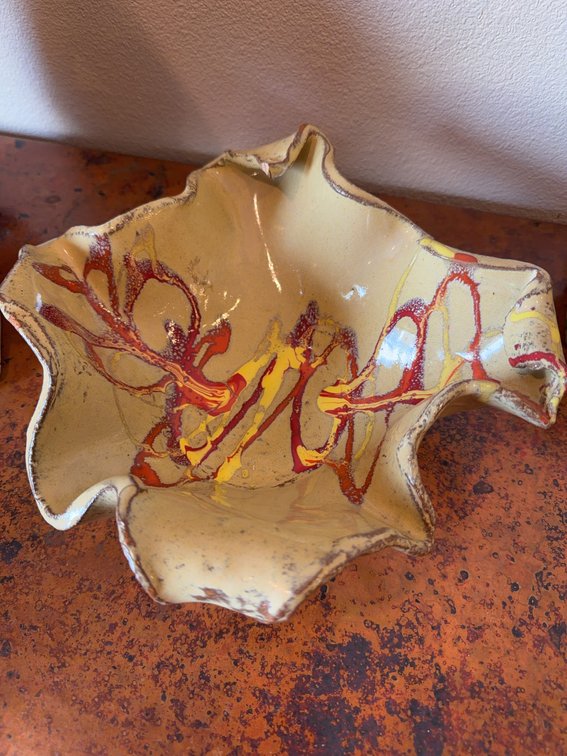 Hand-Formed Ceramic Art Bowl With Abstract Red and Yellow Drip Glaze