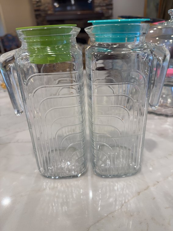 Glass Half Gallon Pitchers with Green and Blue Plastic Lids and Side Handles