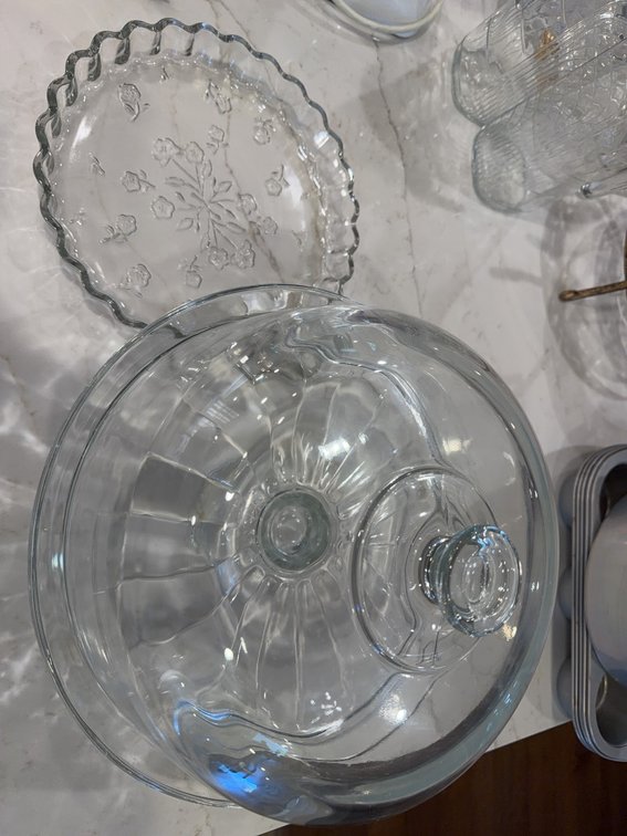 Clear Glass Cake Stand with Dome and Floral Glass Pie Plate