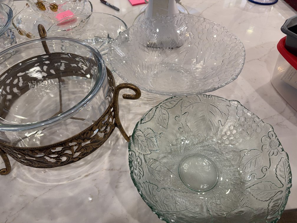 4 Pressed Glass Bowls with Brass Ornate Stand