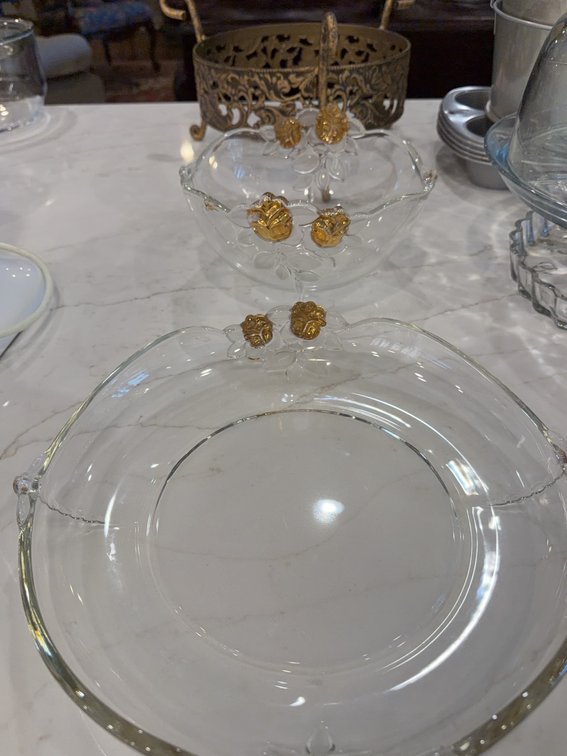 2 Glass Bowls with Gold Floral Accents