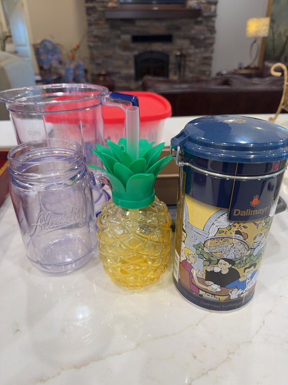 Drinkware, Dallmayr Tin, Aladdin plastic Mason Jar, Bakeware, Pineapple Cup, Dispenser
