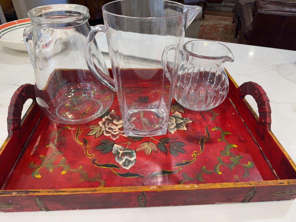 2 Clear Glass Pitchers 1 plastic pitcher with Hand-Painted Wooden Floral Tray, 17x14 in.