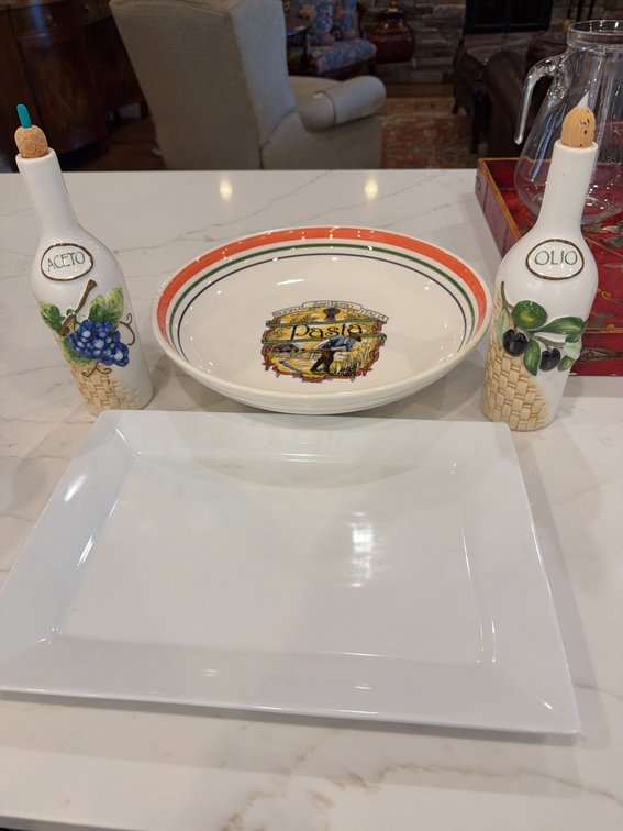 Italian Pasta Bowl, Better Homes Porcelain Platter, Oil & Vinegar Bottles