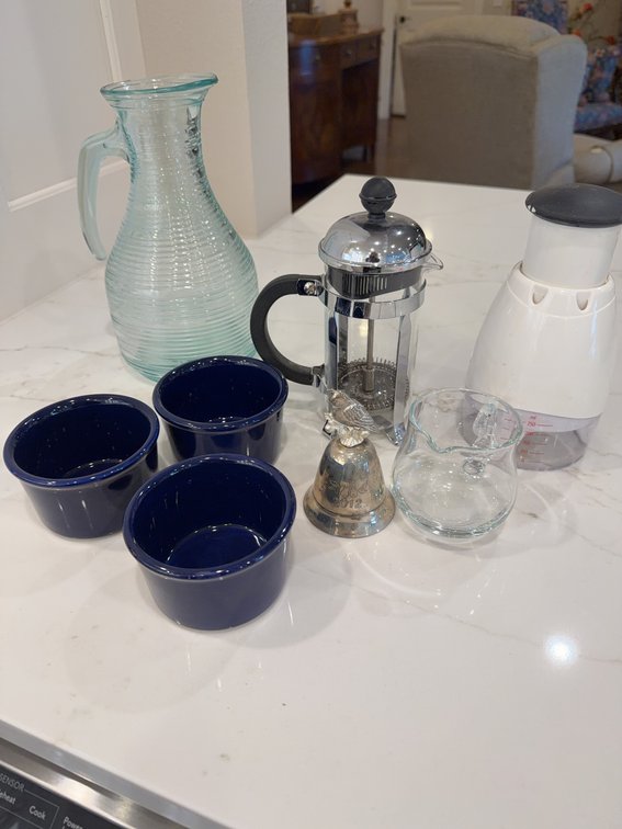 Chantal Ramekins, Bodum French Press, Glass Pitcher, Chopper, Bell, Creamer Lot