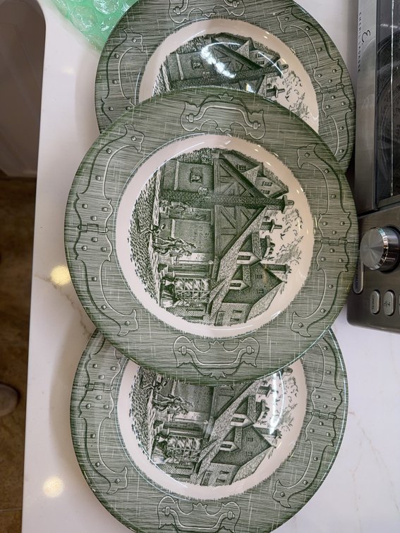 Eight The Old Curiosity Shop Green Transferware Plates Made in USA