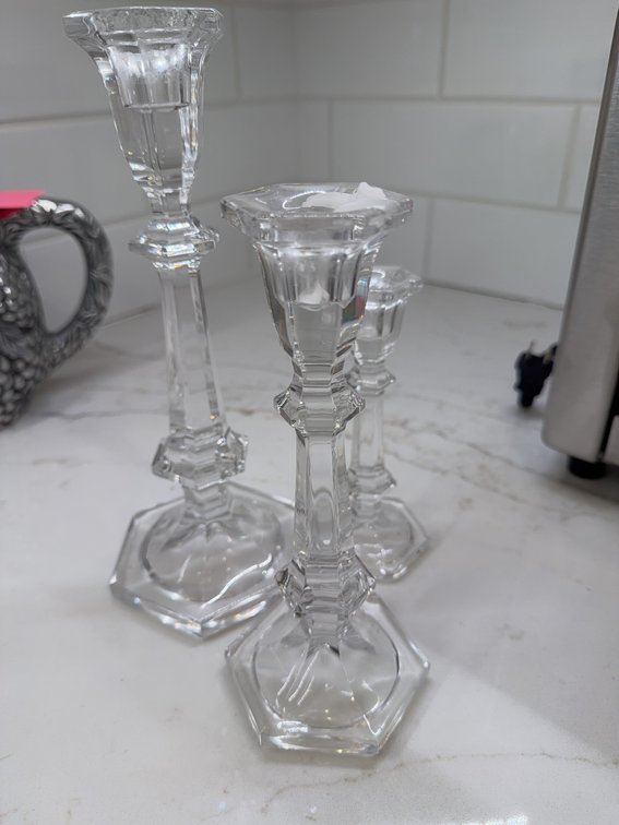 3 Clear Glass Octagonal Candlestick Holders, Graduated Heights