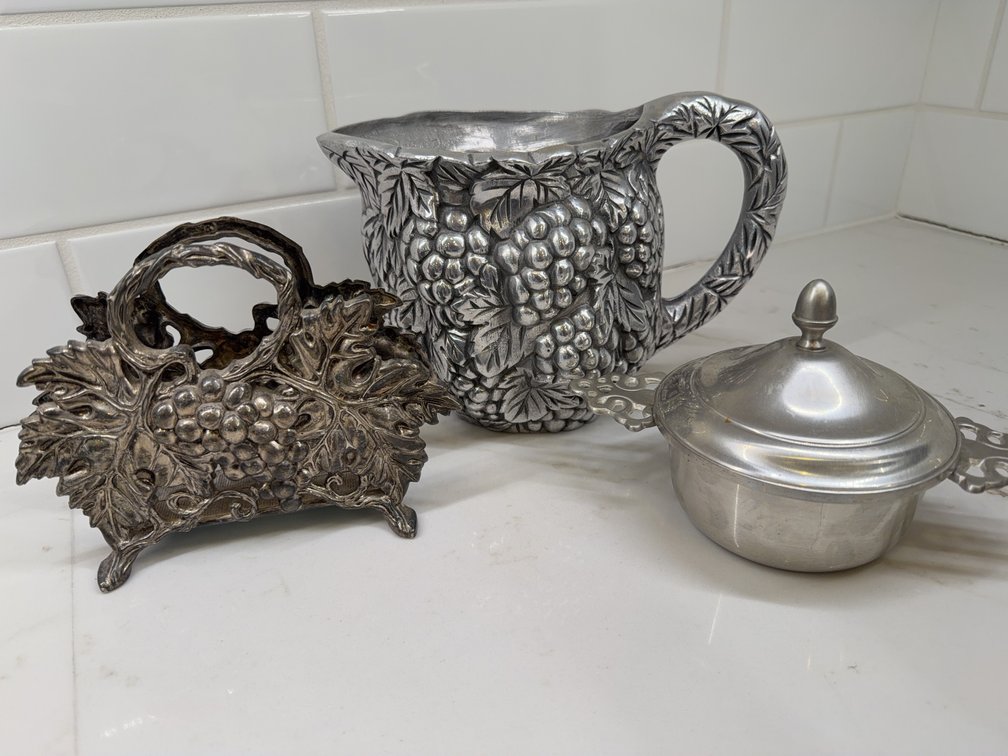 Bodinger Silverplate Napkin Holder, Grape Pitcher, and Woodbury Pewter Covered Dish