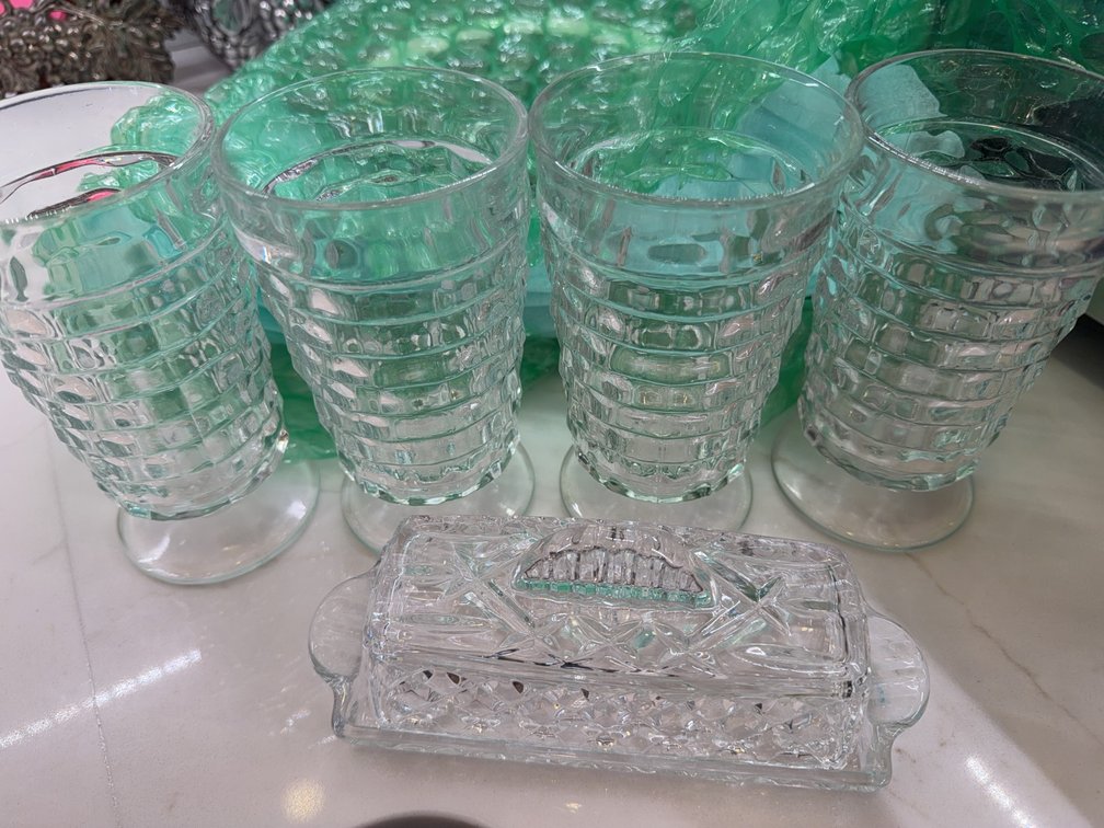 4 Pressed Glass Goblets and Clear pressed Glass Butter Dish with Lid