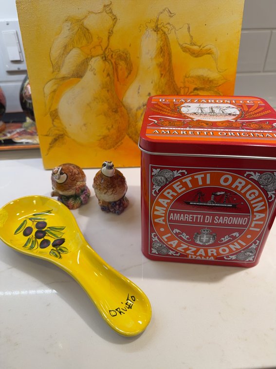 Lazzaroni Amaretti Tin, Orvieto Spoon, Pear Still Life, Ceramic Birds salt and pepper shaker