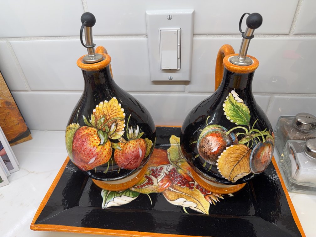 Calandrigi Italian Hand-Painted Oil & Vinegar Cruet Set With Tray, Fruit Motif