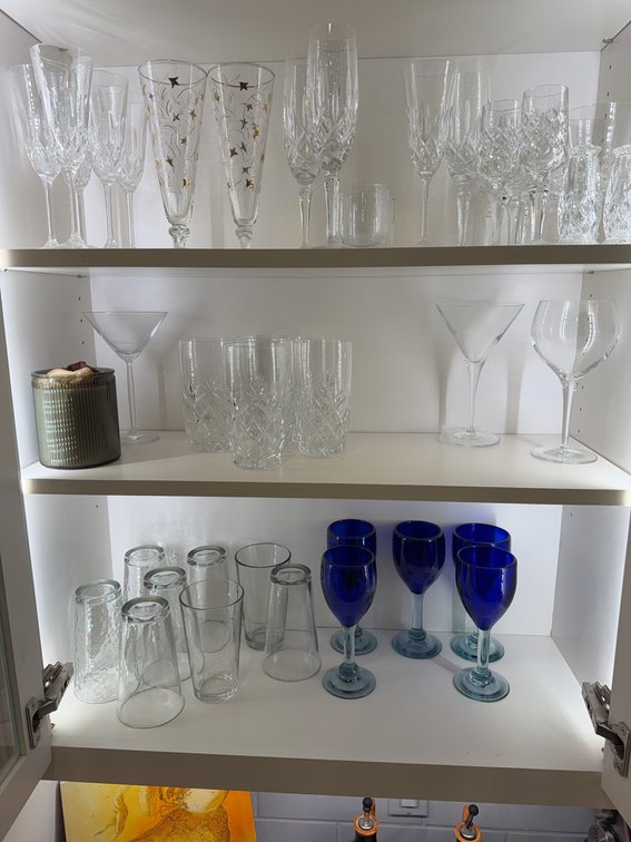 Set of Glassware: Crystal, Blue, Martini, Gold Detail, Tumblers, Wine Glasses