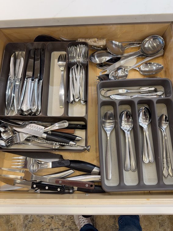 Stainless and Assorted Flatware, Kitchen Utensils, and Knives in Trays
