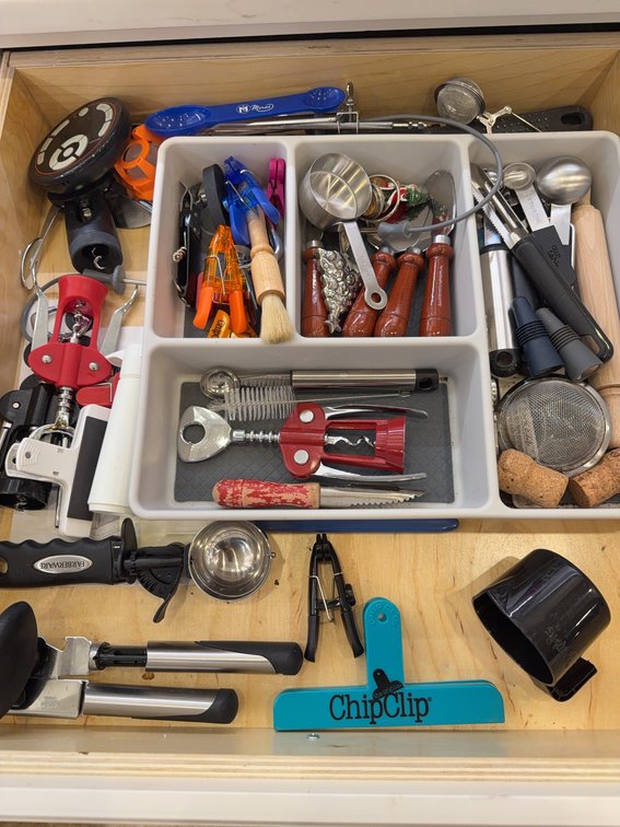 Kitchen Tools Including Corkscrews, Can Openers, Measuring Spoons, Chip Clip