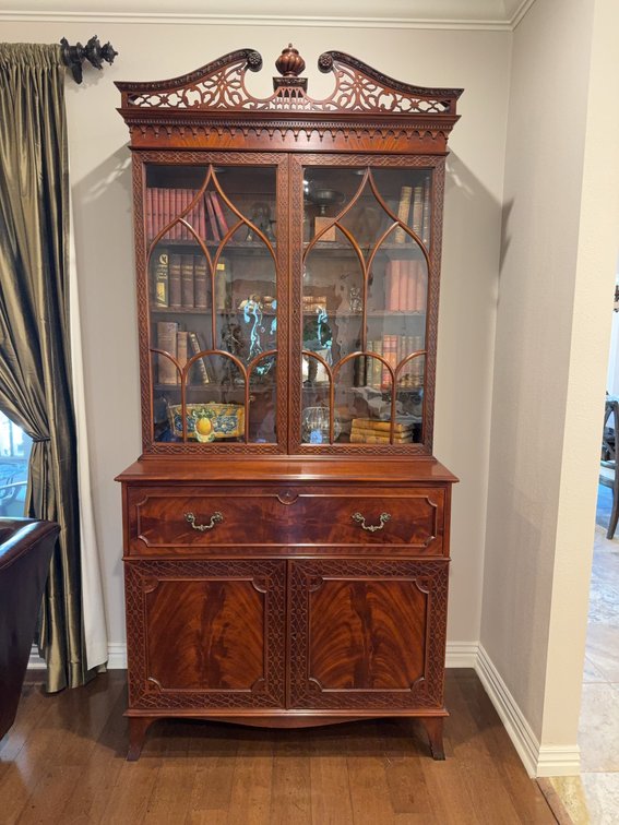 John Widdicomb Mahogany Secretary Bookcase with Glass Doors, Carved Trim, 7 1/2 Ft Tall