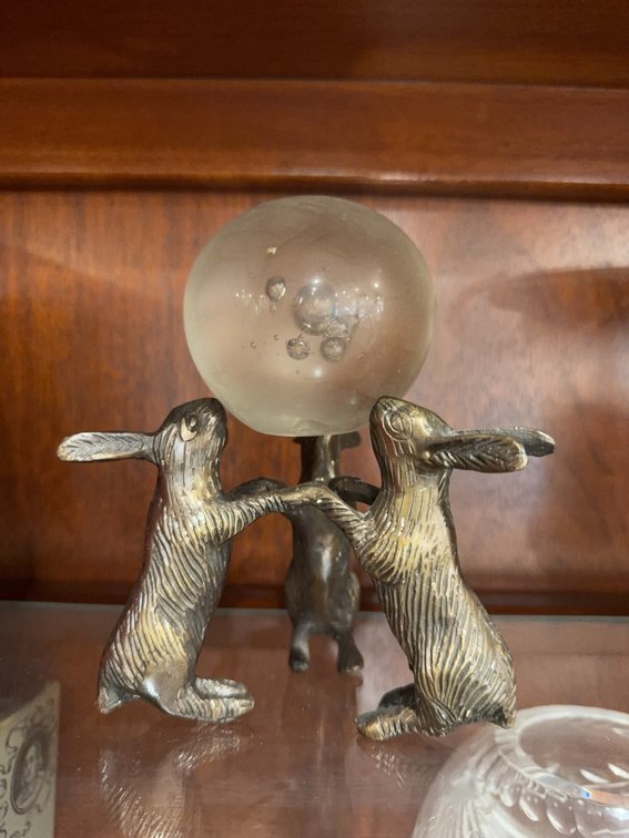 Metal Rabbits Holding Glass Sphere Figurine, Made in India, Approximate Height 6 Inches