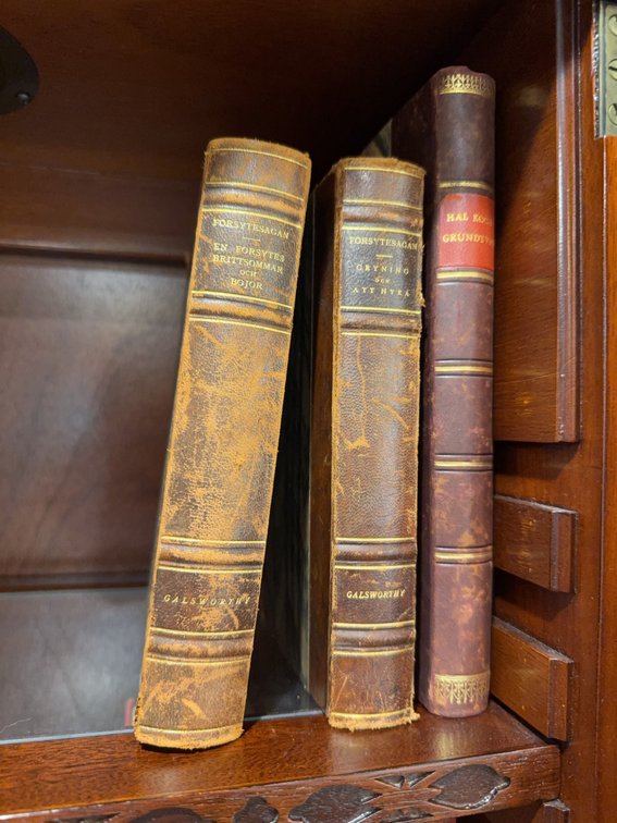 3 Leather-Bound Books: Galsworthy Forsytesagan Volumes & Hal Koch Grundtvig