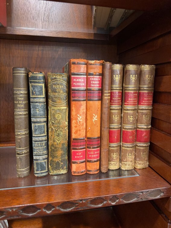 9 Antique Leather-Bound Books in Various Languages, Including Works of Sir J. Rennold