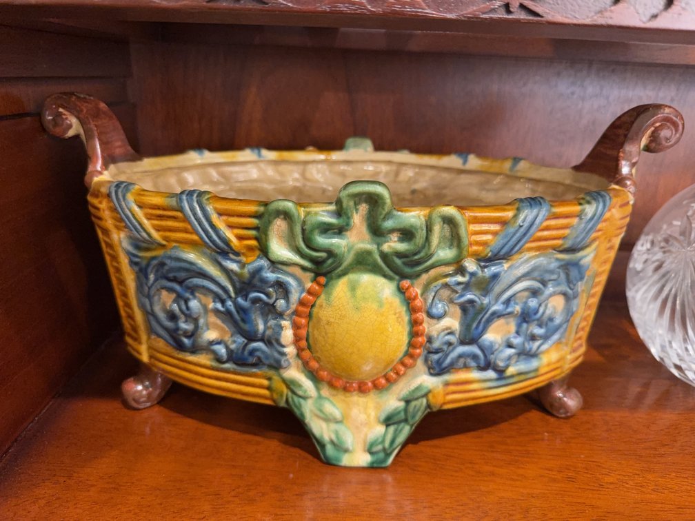 Majolica-Style Footed Ceramic Planter with Scroll Handles, Relief Fruit Motif, 14 in. Wide