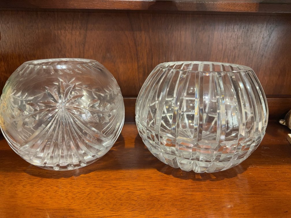 Cut Crystal Rose Bowls with Starburst and Vertical Rib Patterns