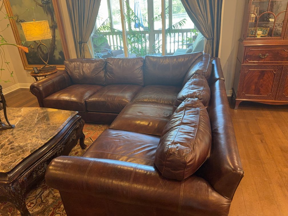 Ethan Allen Brown Leather Three Piece Sectional Sofa, Approx. 102 Inches Each Direction