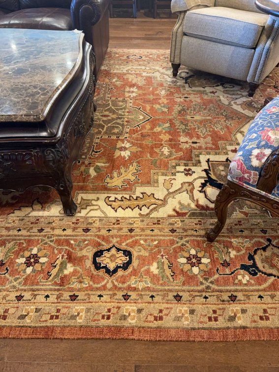 Large Oriental-Style Area Rug, Red and Beige Pattern, Approximately 9’ x 14’
