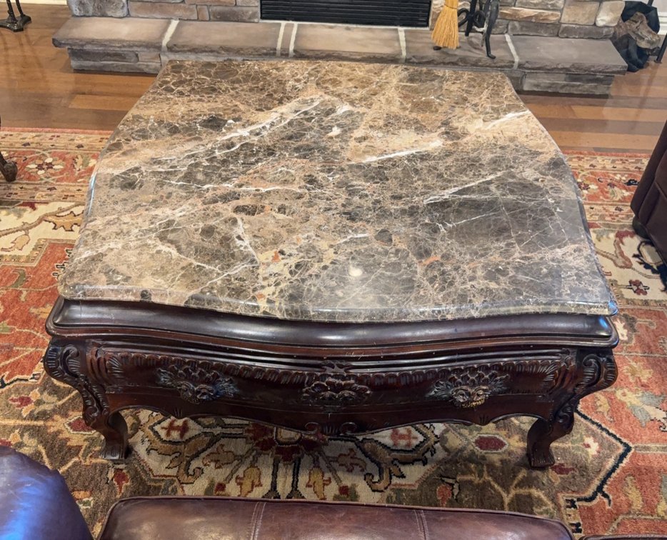 Square Marble-Top Coffee Table with Carved Wood Base, Approx. 40 x 40 Inches