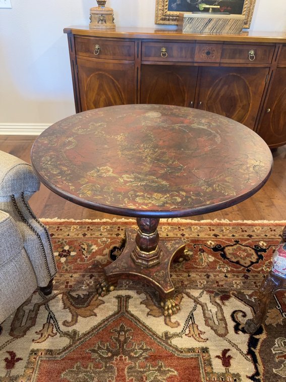 Decorative Painted Pedestal Table with Claw Feet, 31 Inch Diameter, 28 Inches Tall