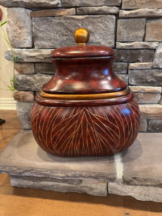 Decorative Lidded wooden storage container with Etched Leaf Design, Made in China, 16 in. Wide, 19 in. Tall