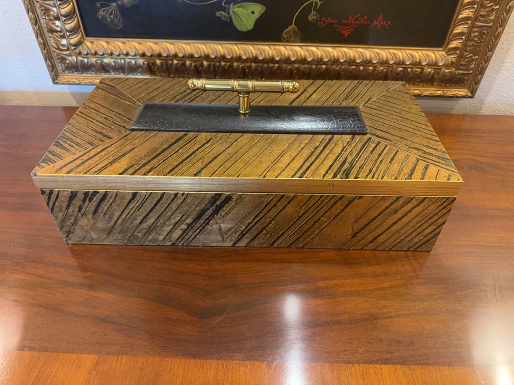 Decorative Wood Box with Brass Trim, Modern Pattern, 17" x 8 1/2" x 4"