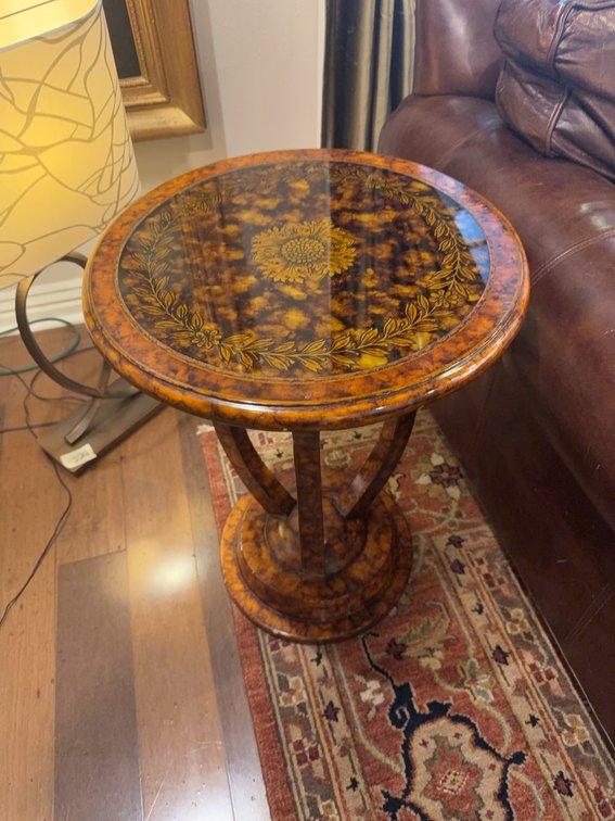 Round Pedestal Side Table with Floral Inlay, 18 Inch Diameter, 25.5 Inches Tall