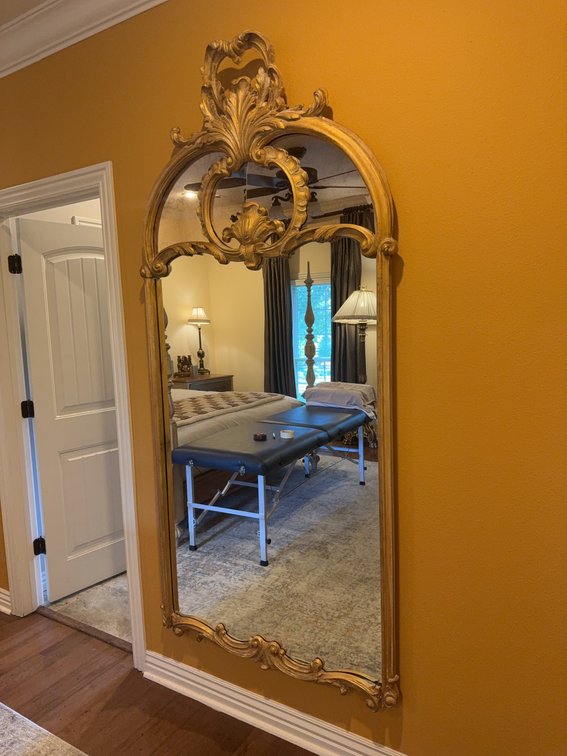 Ornate Gold Wall Mirror with Carved Frame, Small Crack, Approximately 82 in x 38 in