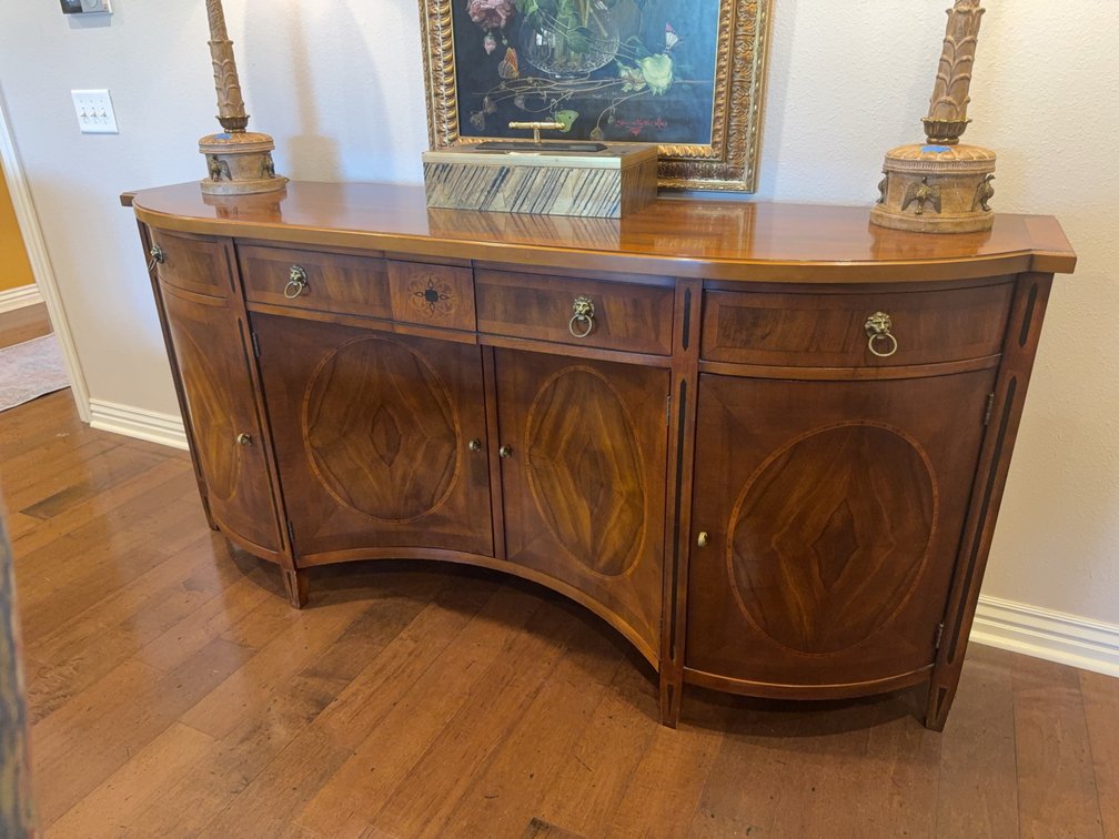 John Widdicomb Wood Sideboard, Inlaid Detail, Approx. 78" x 20" x 37", Brass Pulls