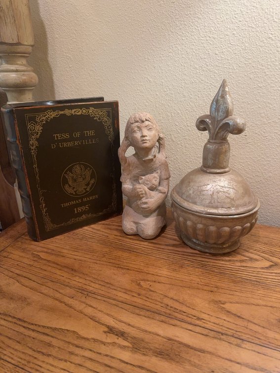 Decorative Lot: Faux Book Box, Clay Girl Statue 12 in Tall, Fleur-De-Lis Box Set