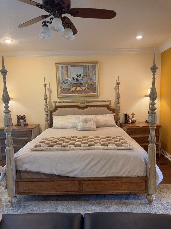 King Size Four Poster Bed With Upholstered Headboard, Stearns & Foster Mattress, Bedding included