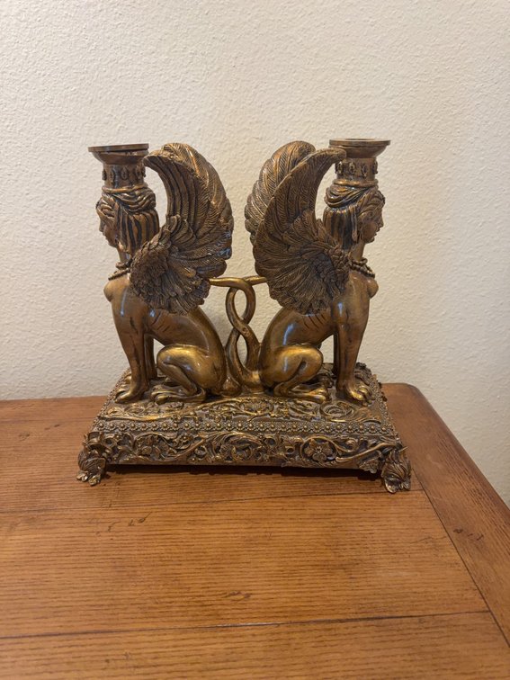 Gilt Bronze Double Sphinx Figural Candle Holder, 11 in. Wide x 12 in. Tall, Ornate Base