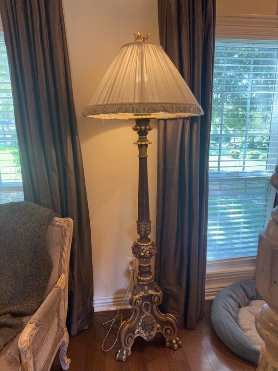 Decorative Floor Lamp With Ornate Base and Pleated Shade, Approximately 6 1/2 Feet Tall