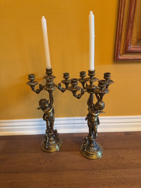 Ornate Brass Cherub Four-Arm Candelabras, Each Approximately 19 Inches Tall
