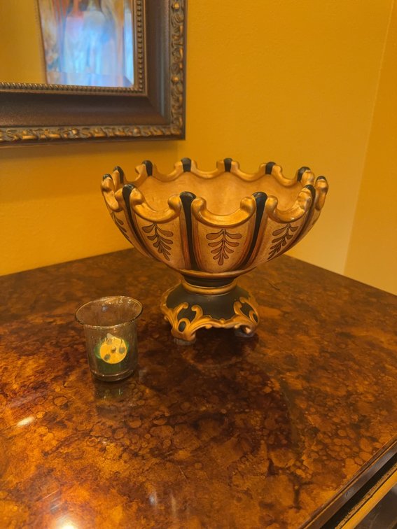 Decorative Footed Bowl, Gold and Black Finish, Approximately 9 1/2 Inches Diameter, 8 Inches Tall