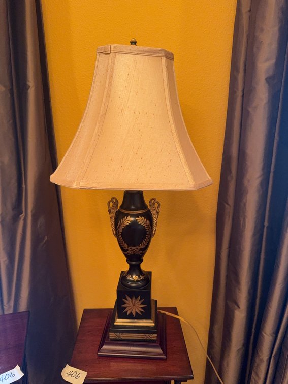 Black and Gold Table Lamp With Shade, Decorative Base, Approximately 30 Inches Tall